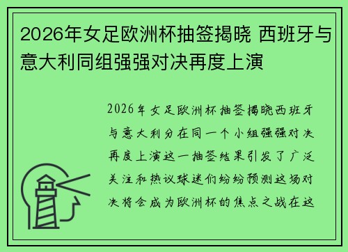 2026年女足欧洲杯抽签揭晓 西班牙与意大利同组强强对决再度上演