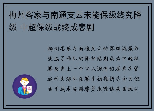 梅州客家与南通支云未能保级终究降级 中超保级战终成悲剧